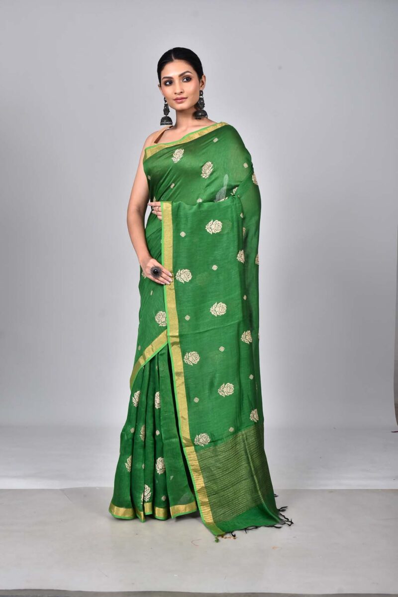 Silk Linen Saree with Digital Embroidery Work  (Green)