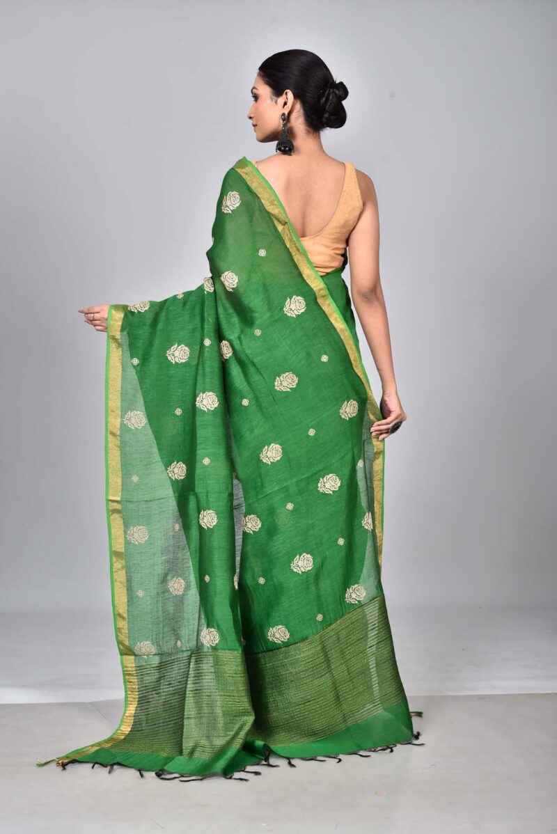 Silk Linen Saree with Digital Embroidery Work  (Green)