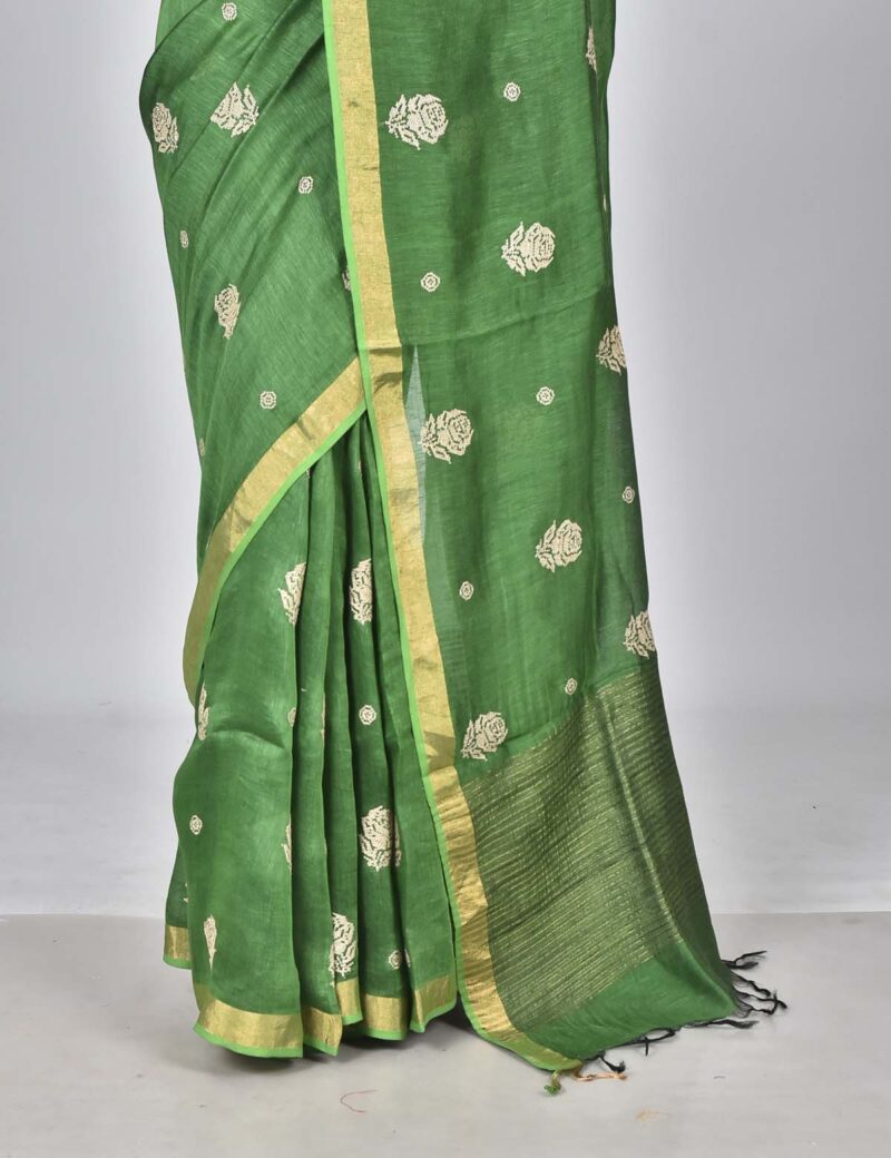 Silk Linen Saree with Digital Embroidery Work  (Green)