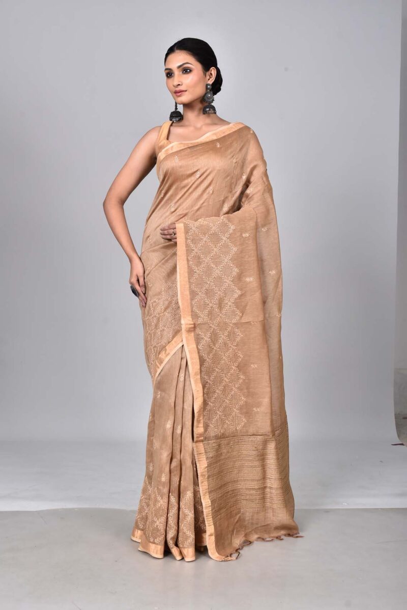 Silk Linen Saree with Digital Embroidery Work  (Beige)