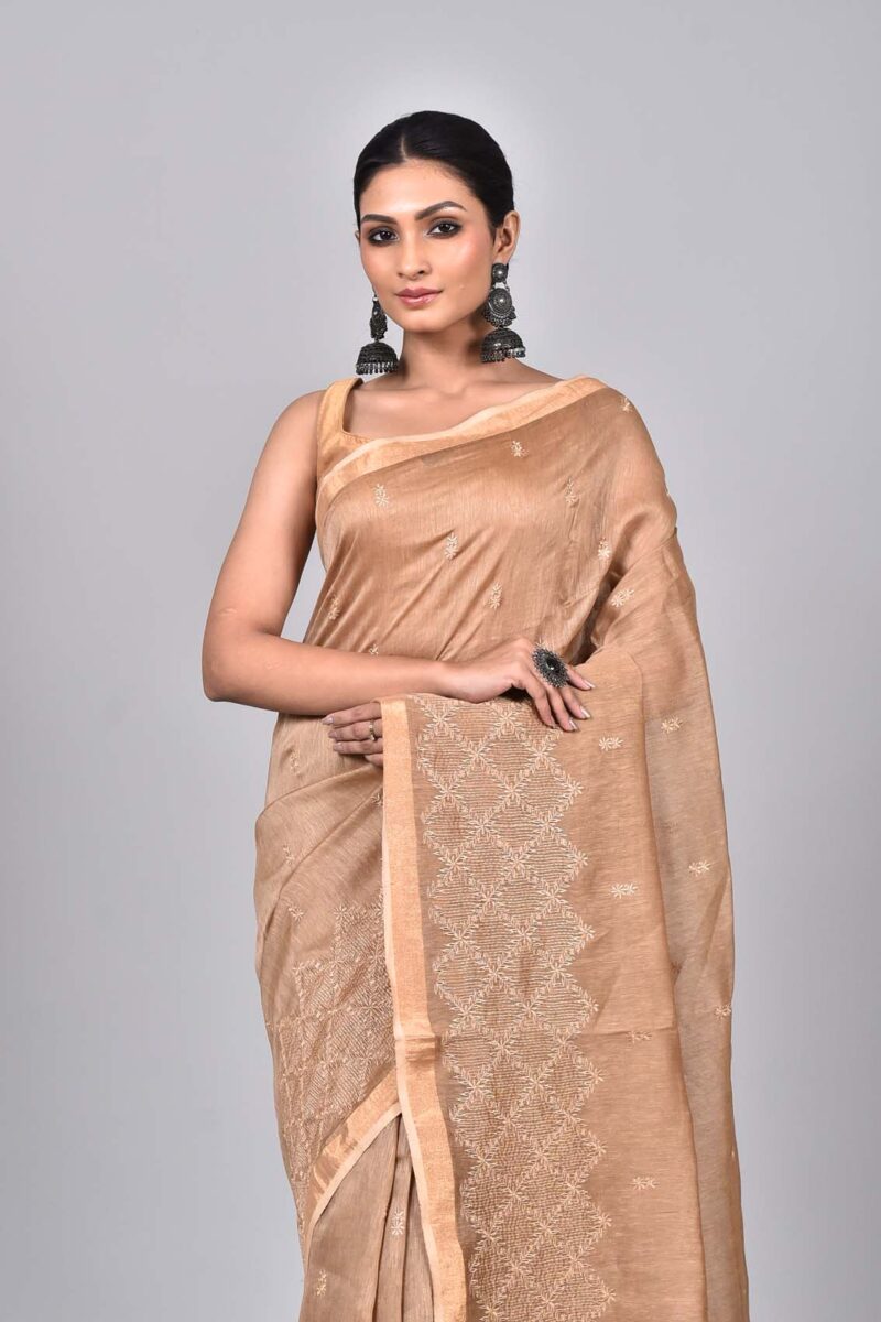 Silk Linen Saree with Digital Embroidery Work  (Beige)