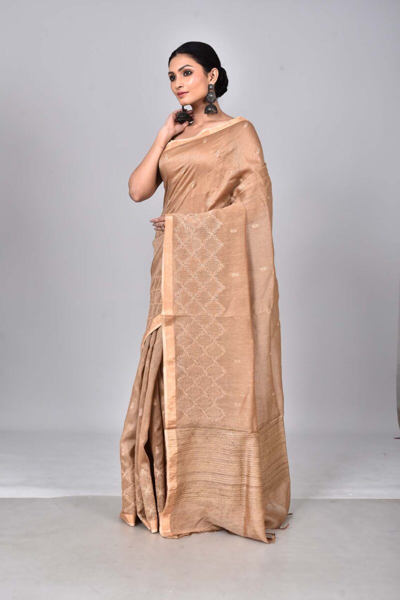 Silk Linen Saree with Digital Embroidery Work  (Beige)