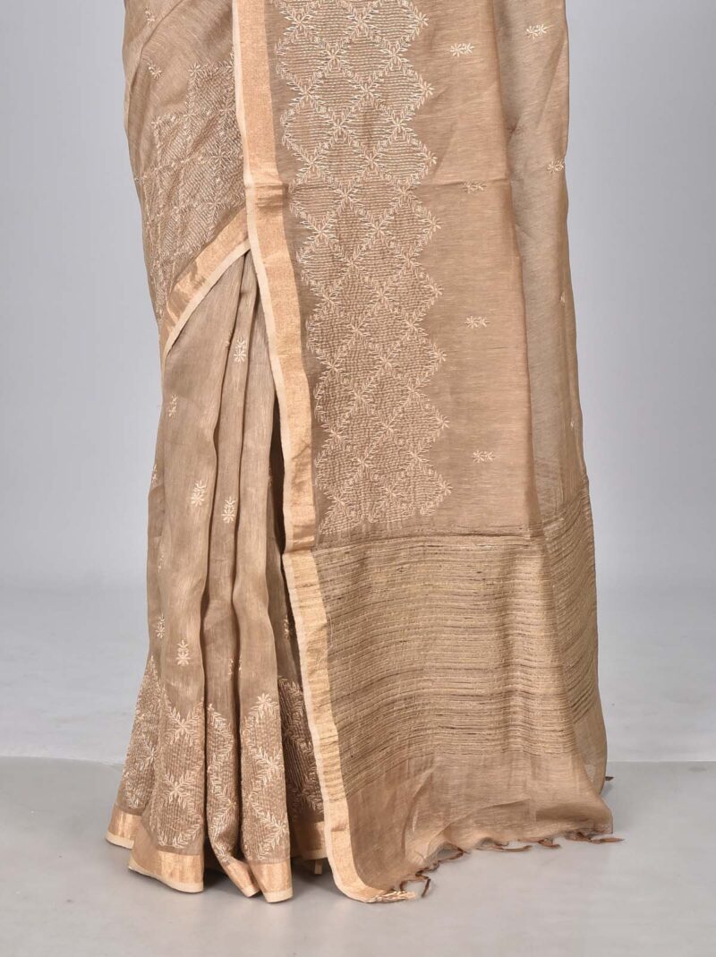 Silk Linen Saree with Digital Embroidery Work  (Beige)