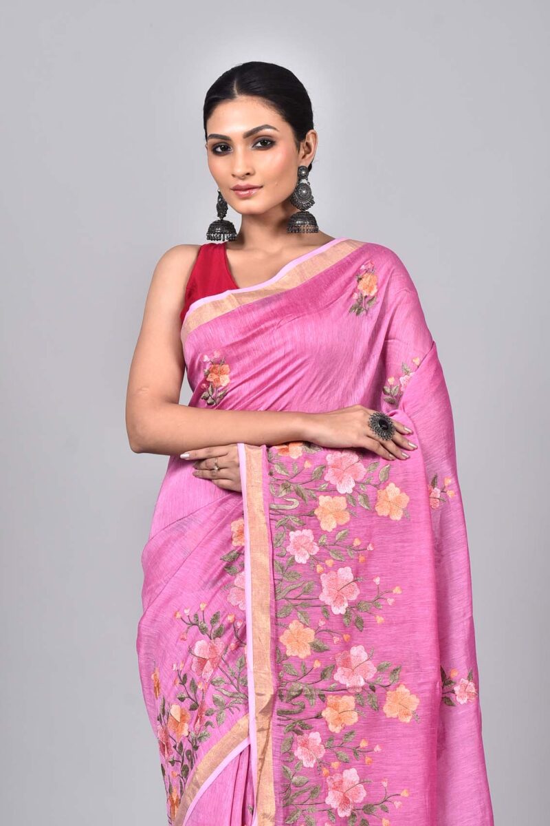 Silk Linen Saree with Digital Embroidery Work  (Pink)