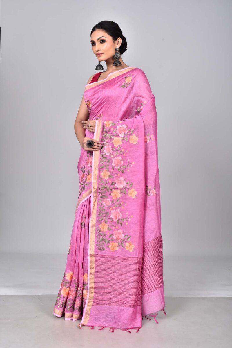 Silk Linen Saree with Digital Embroidery Work  (Pink)