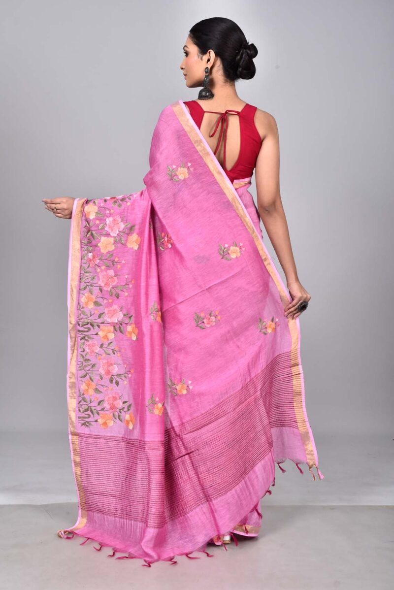 Silk Linen Saree with Digital Embroidery Work  (Pink)