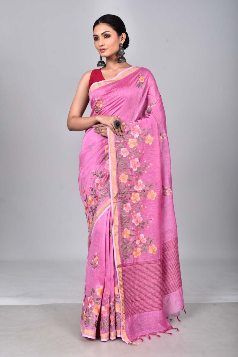 Silk Linen Saree with Digital Embroidery Work  (Pink)