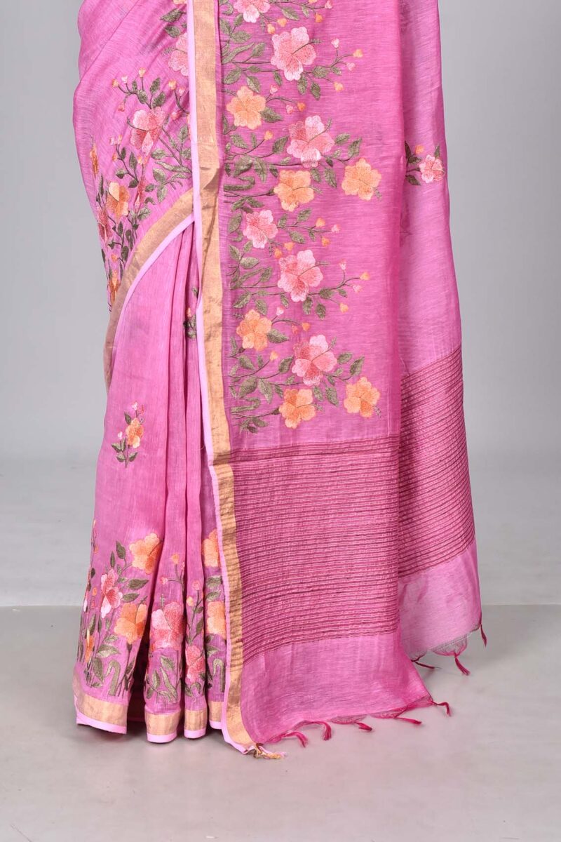 Silk Linen Saree with Digital Embroidery Work  (Pink)