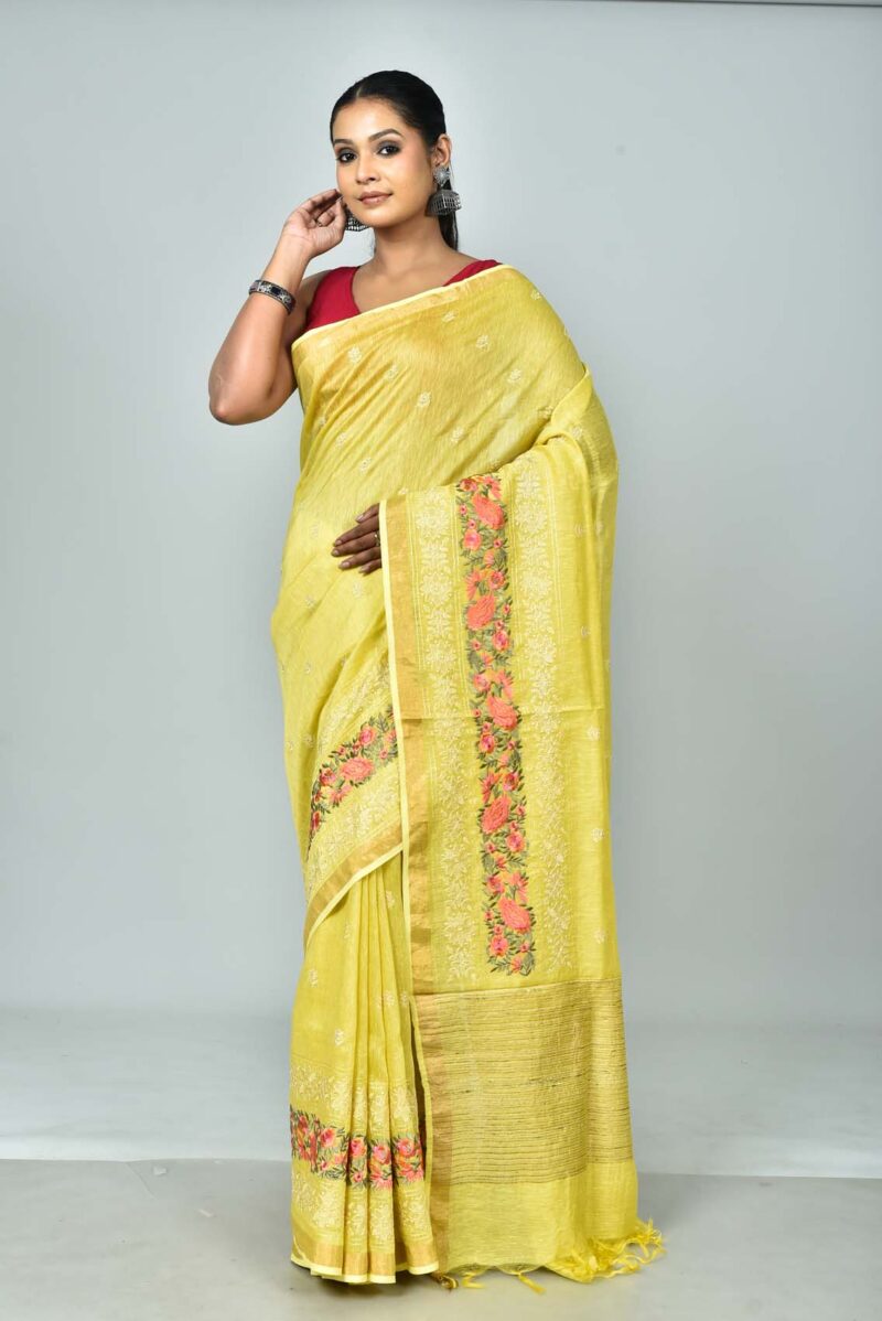 Silk Linen Saree with Digital Embroidery Work  (Yellow)