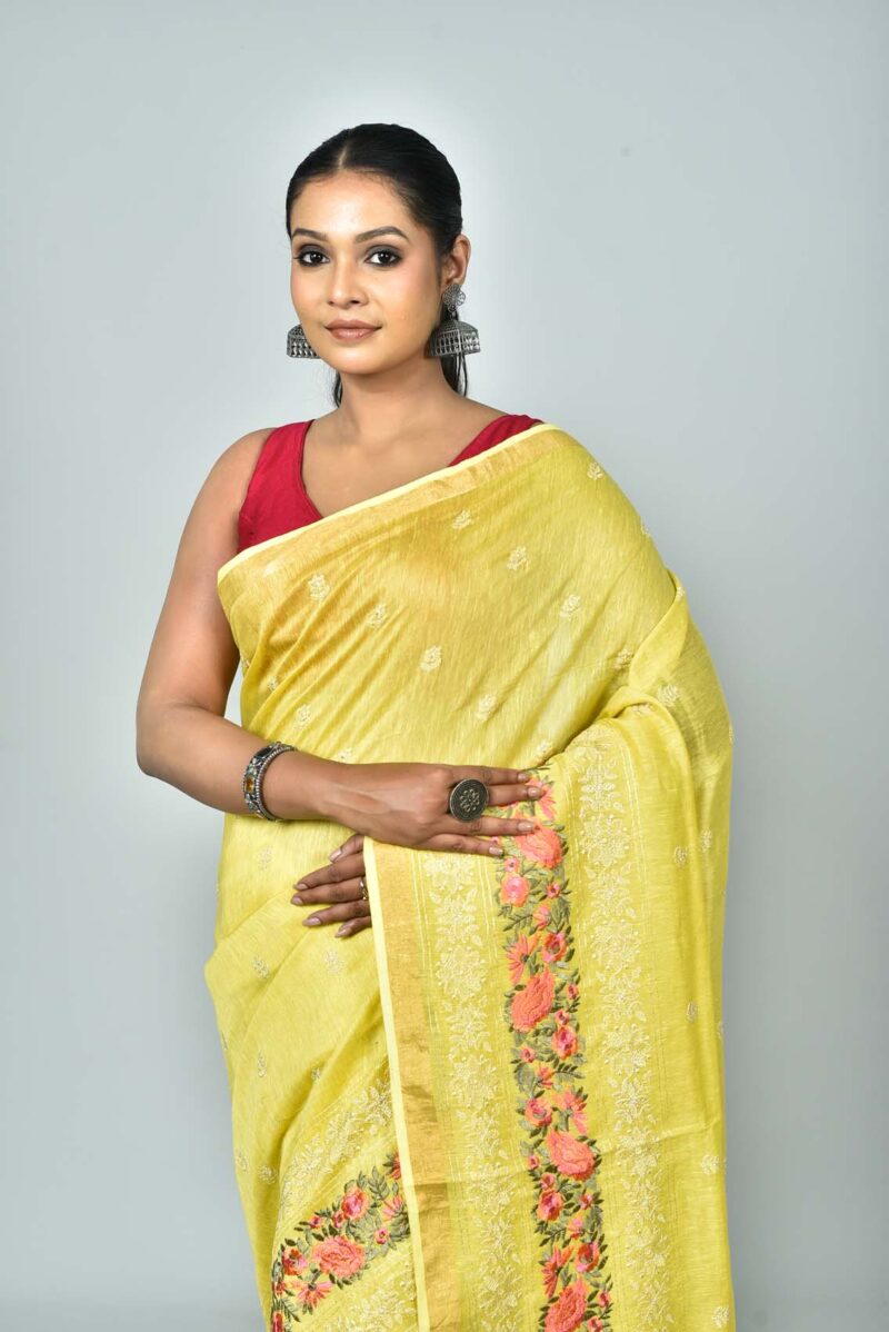 Silk Linen Saree with Digital Embroidery Work  (Yellow)