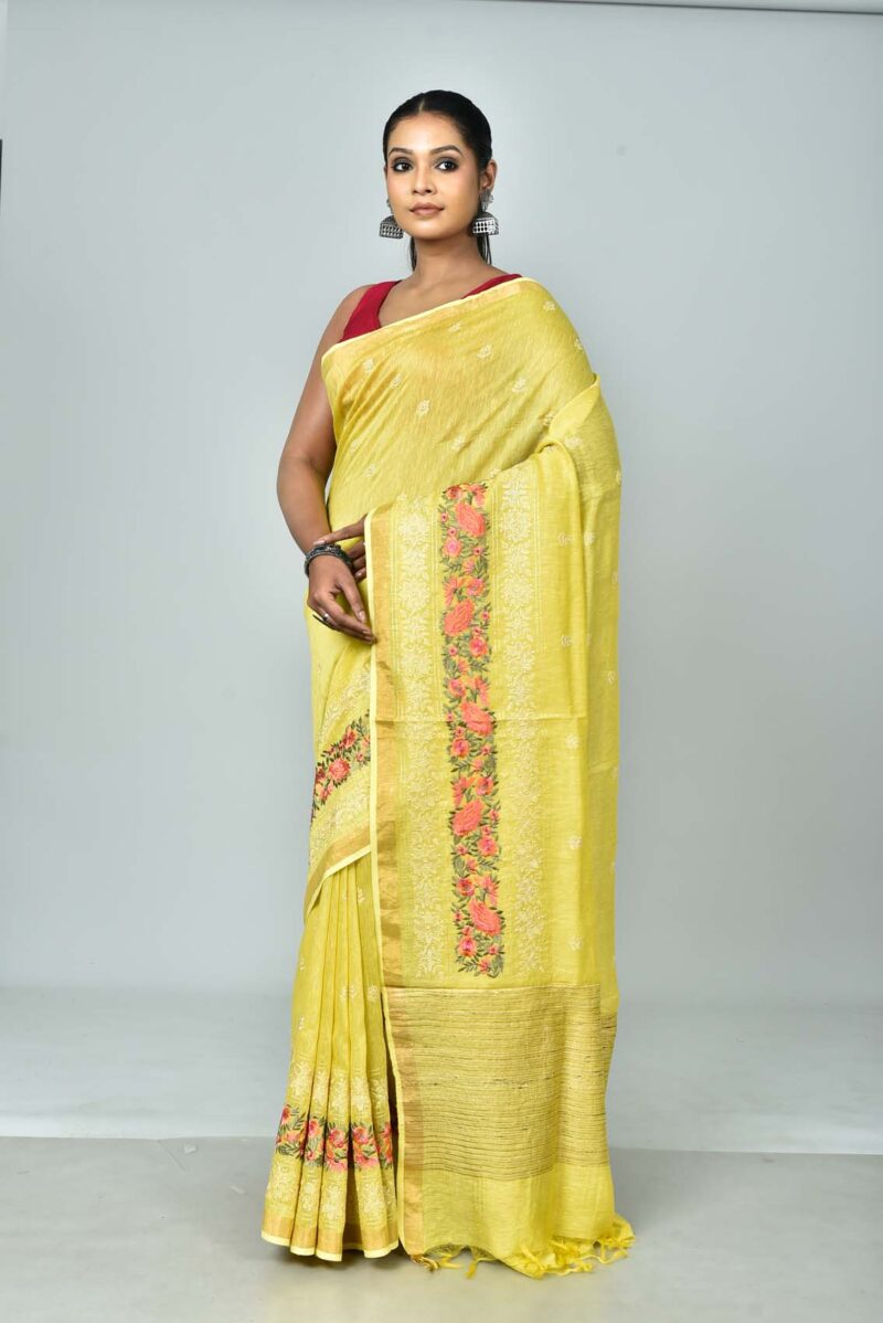 Silk Linen Saree with Digital Embroidery Work  (Yellow)