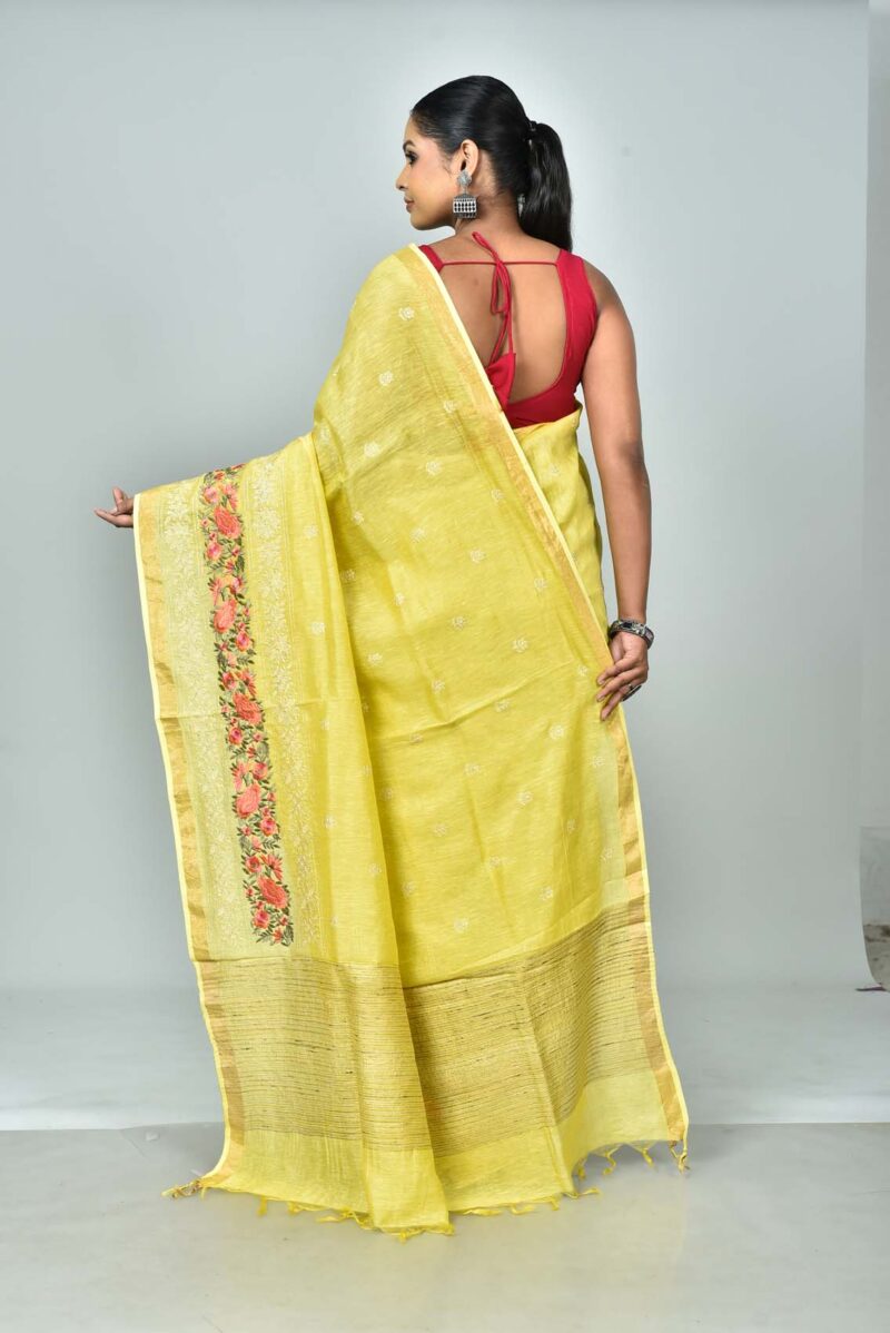 Silk Linen Saree with Digital Embroidery Work  (Yellow)