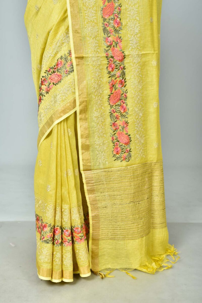 Silk Linen Saree with Digital Embroidery Work  (Yellow)