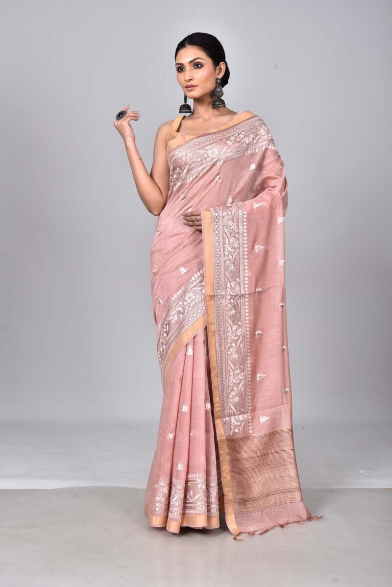 Silk Linen Saree with Digital Embroidery Work  (Lite Pink)