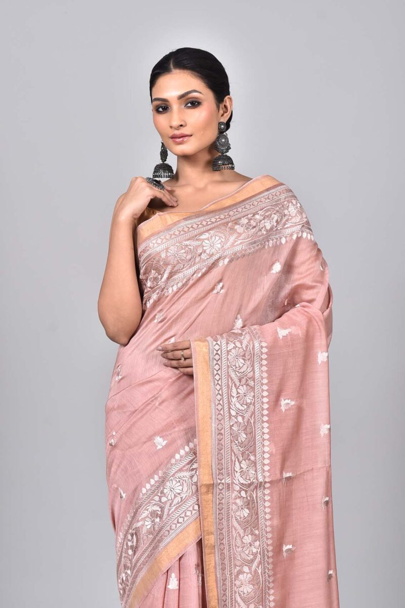 Silk Linen Saree with Digital Embroidery Work  (Lite Pink)