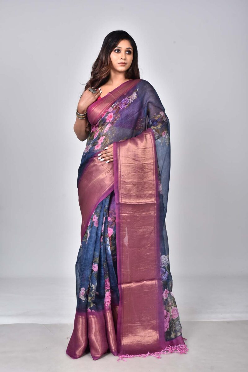 Organza Silk Saree with Digital Print (Dark Blue)