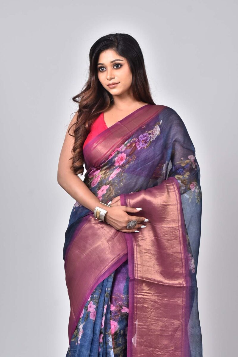 Organza Silk Saree with Digital Print (Dark Blue)