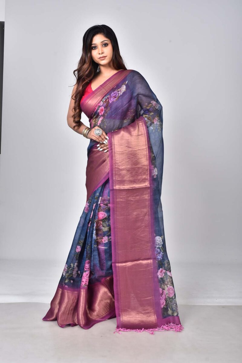 Organza Silk Saree with Digital Print (Dark Blue)