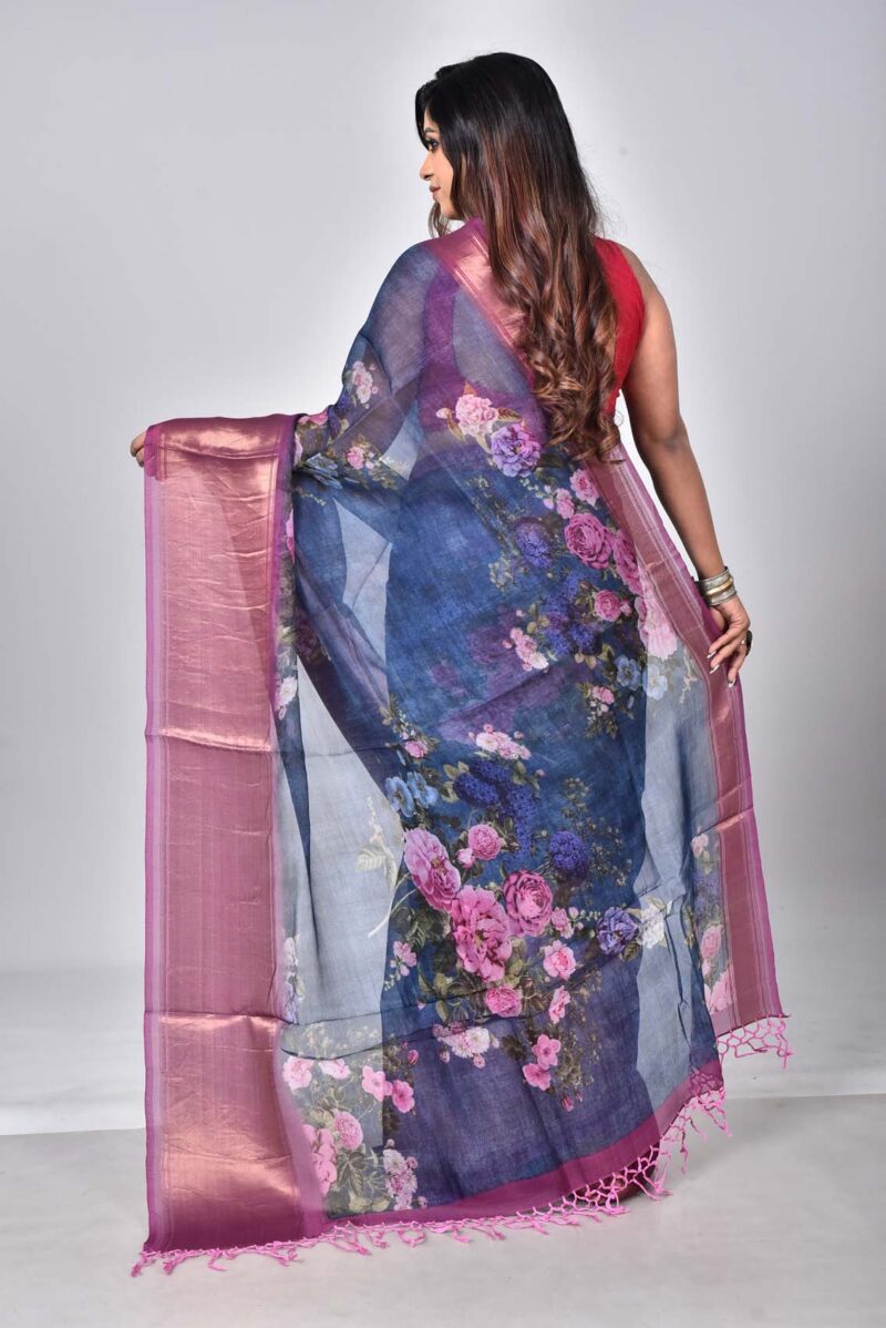 Organza Silk Saree with Digital Print (Dark Blue)