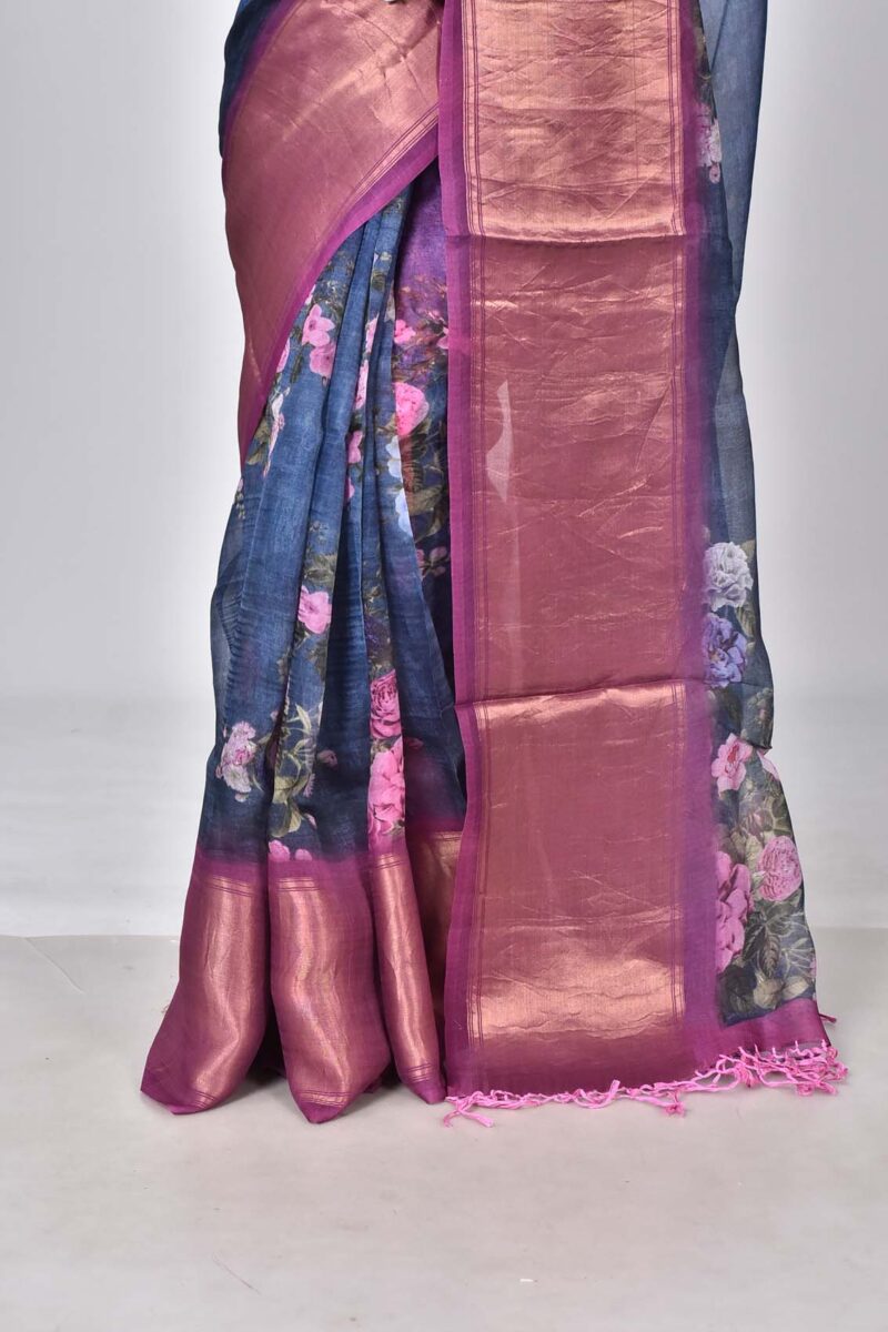 Organza Silk Saree with Digital Print (Dark Blue)