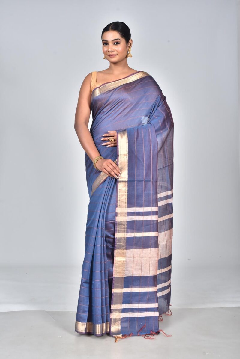 Silk Modal Yard Dyed Woven Saree (Dark Blue)