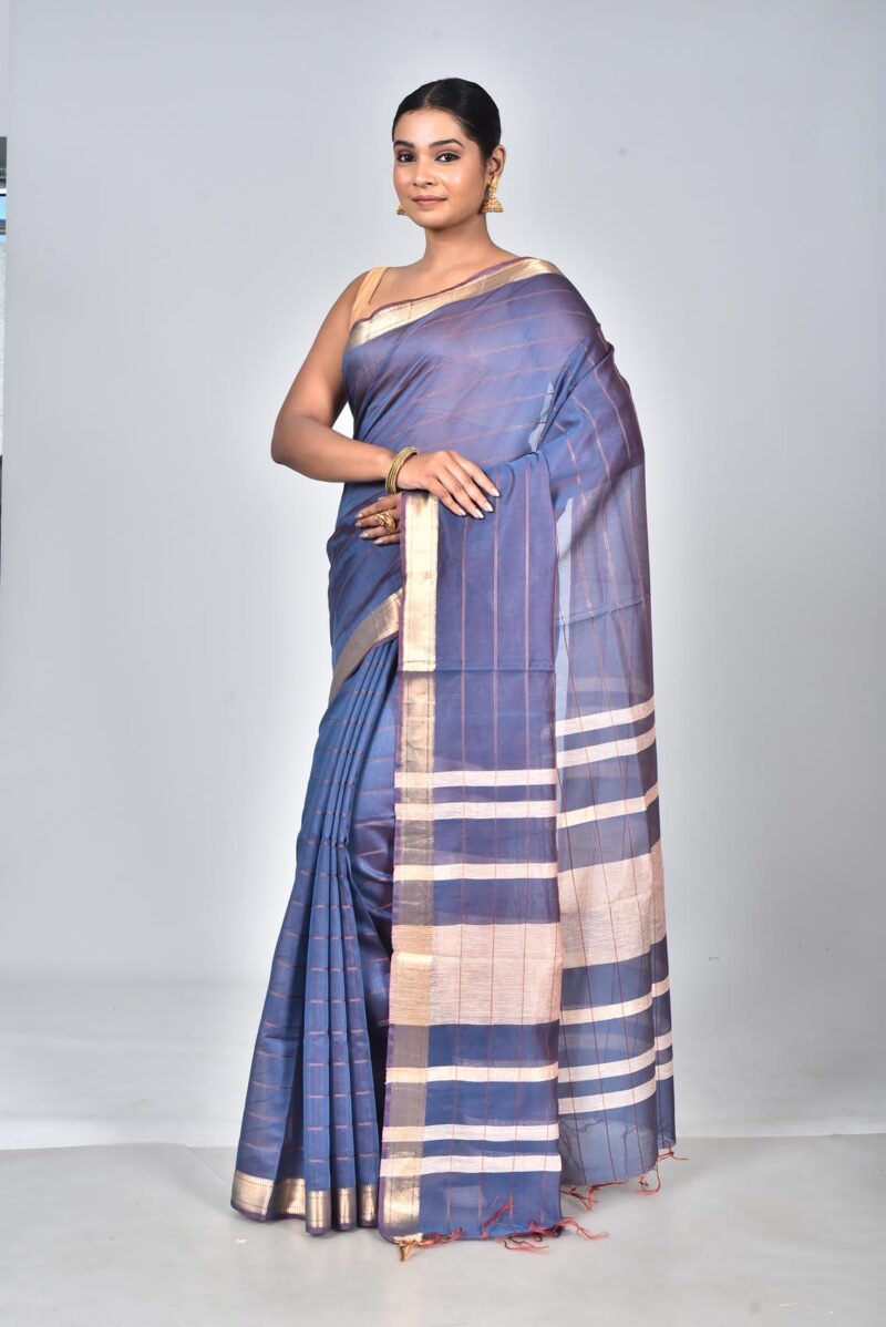 Silk Modal Yard Dyed Woven Saree (Dark Blue)