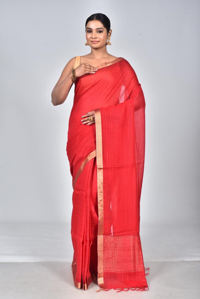 Silk Tassar Matka Textured Woven Saree (Red)