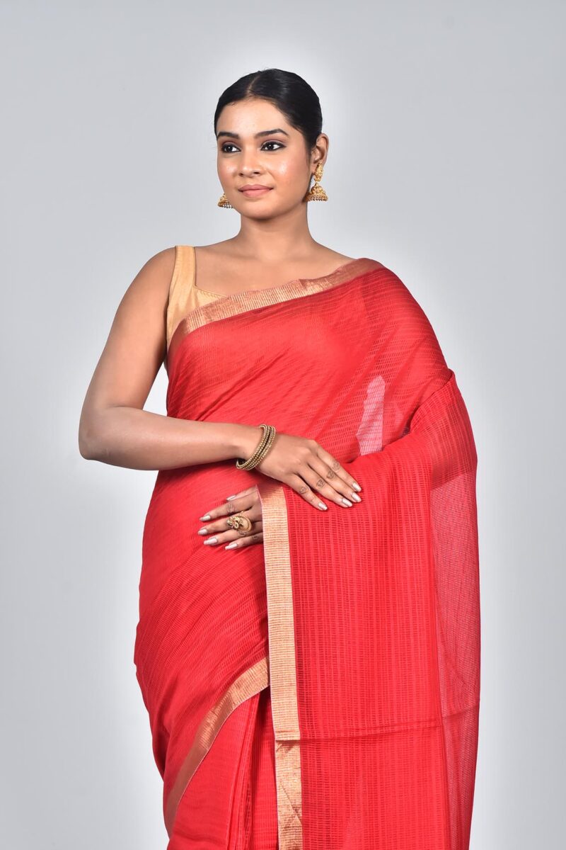 Silk Tassar Matka Textured Woven Saree (Red)