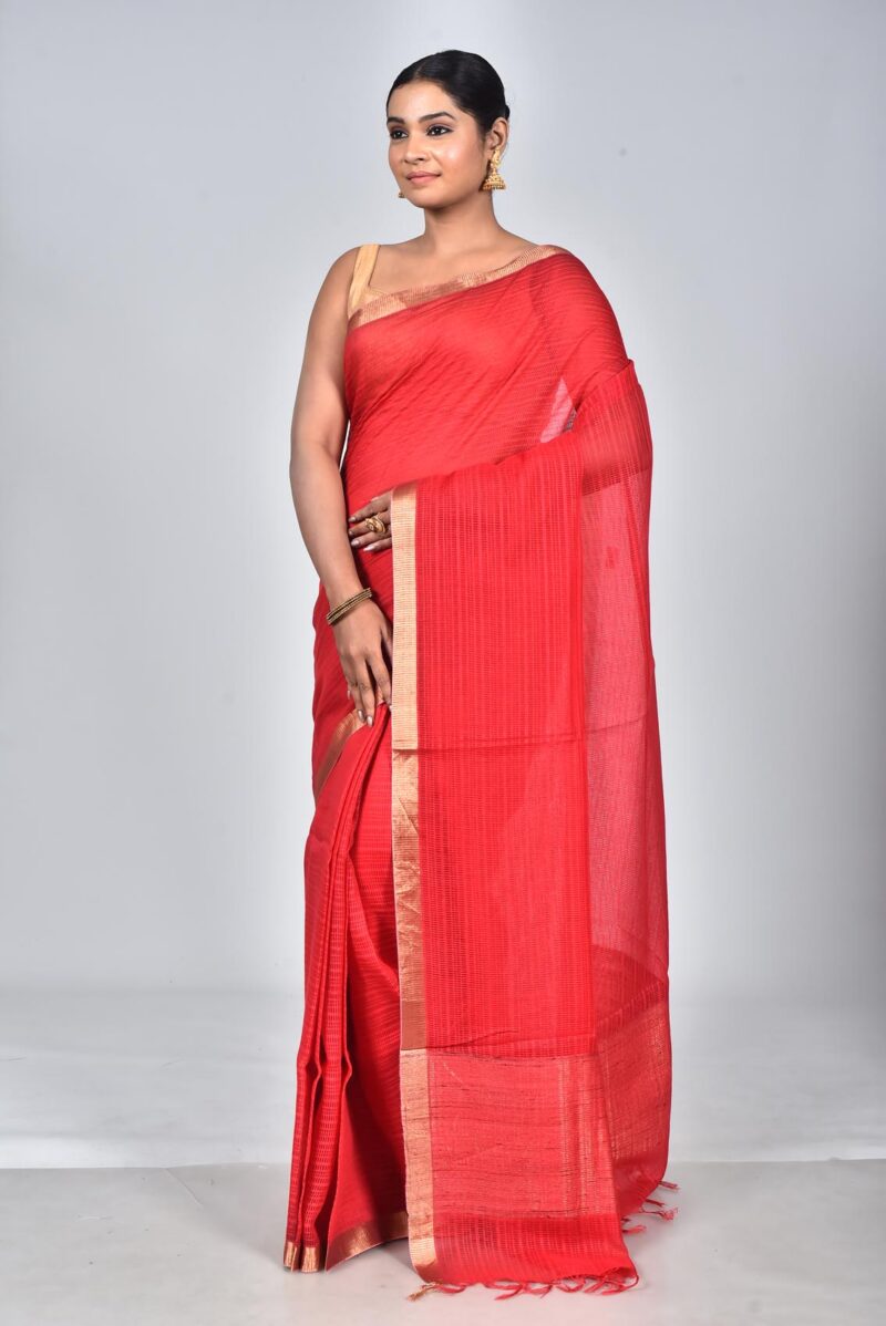 Silk Tassar Matka Textured Woven Saree (Red)