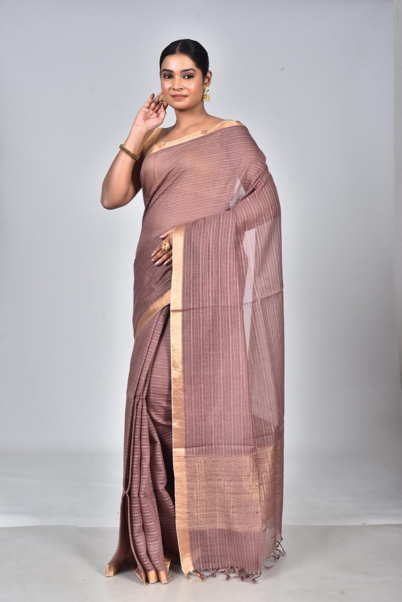 Silk Tassar Matka Textured Woven Saree (Brown)