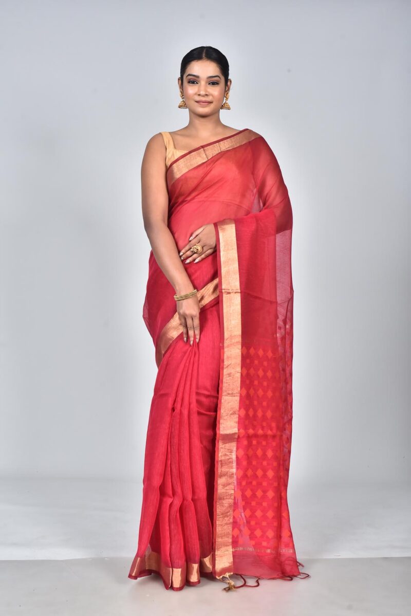 Silk Linen Woven Saree with Jamdani Palla (Red)