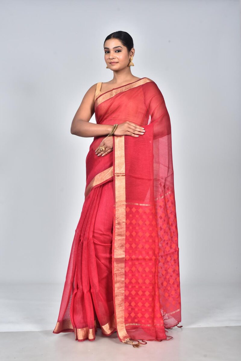 Silk Linen Woven Saree with Jamdani Palla (Red)