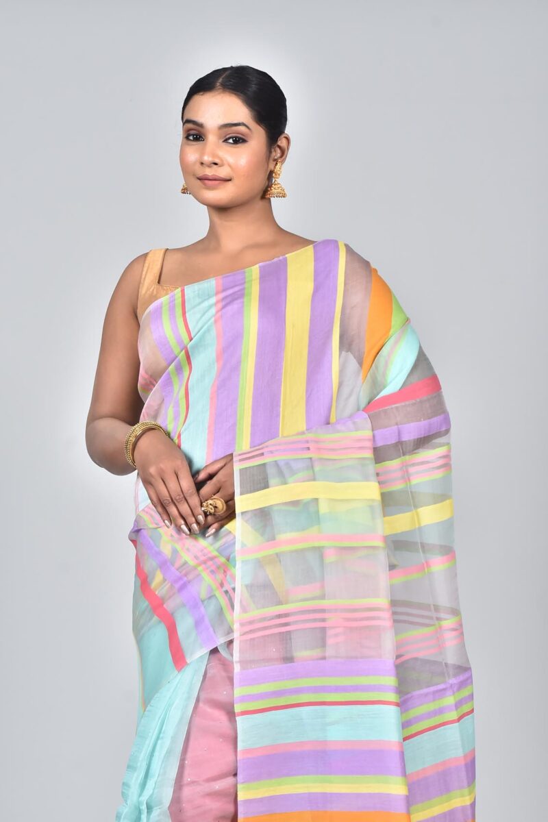 Organza Silk with Multi Color Stripe Woven Saree and Mukaish Work (Blue Multi)