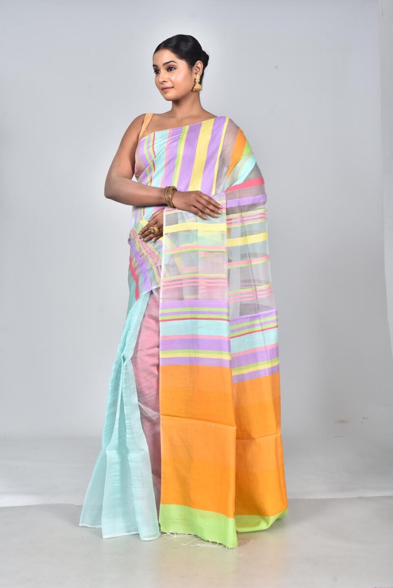 Organza Silk with Multi Color Stripe Woven Saree and Mukaish Work (Blue Multi)