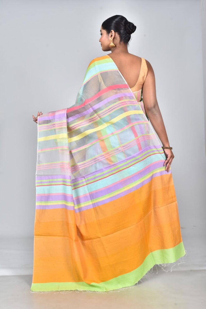 Organza Silk with Multi Color Stripe Woven Saree and Mukaish Work (Blue Multi)