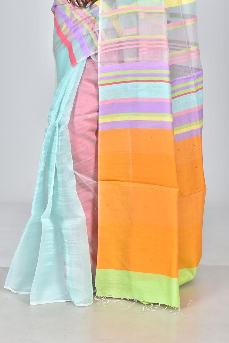 Organza Silk with Multi Color Stripe Woven Saree and Mukaish Work (Blue Multi)