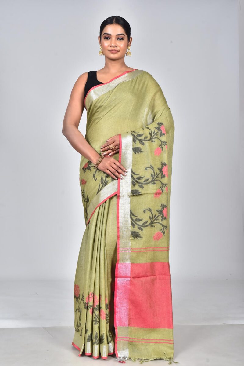 Linen Saree with Jacquard Weave (Olive Green)