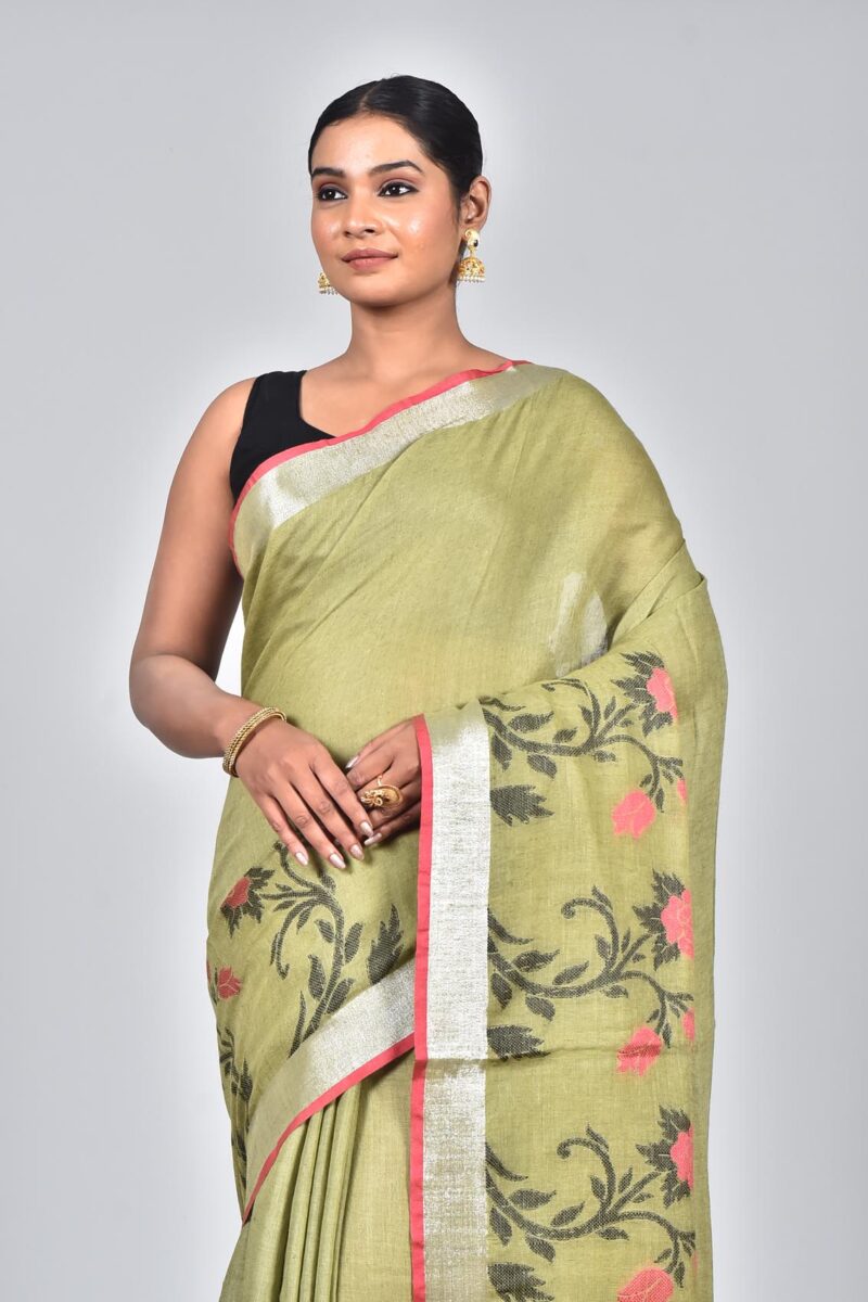 Linen Saree with Jacquard Weave (Olive Green)