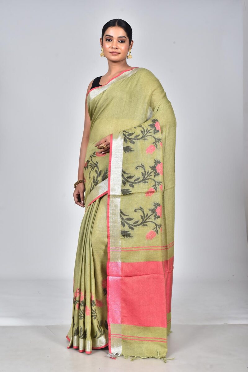 Linen Saree with Jacquard Weave (Olive Green)