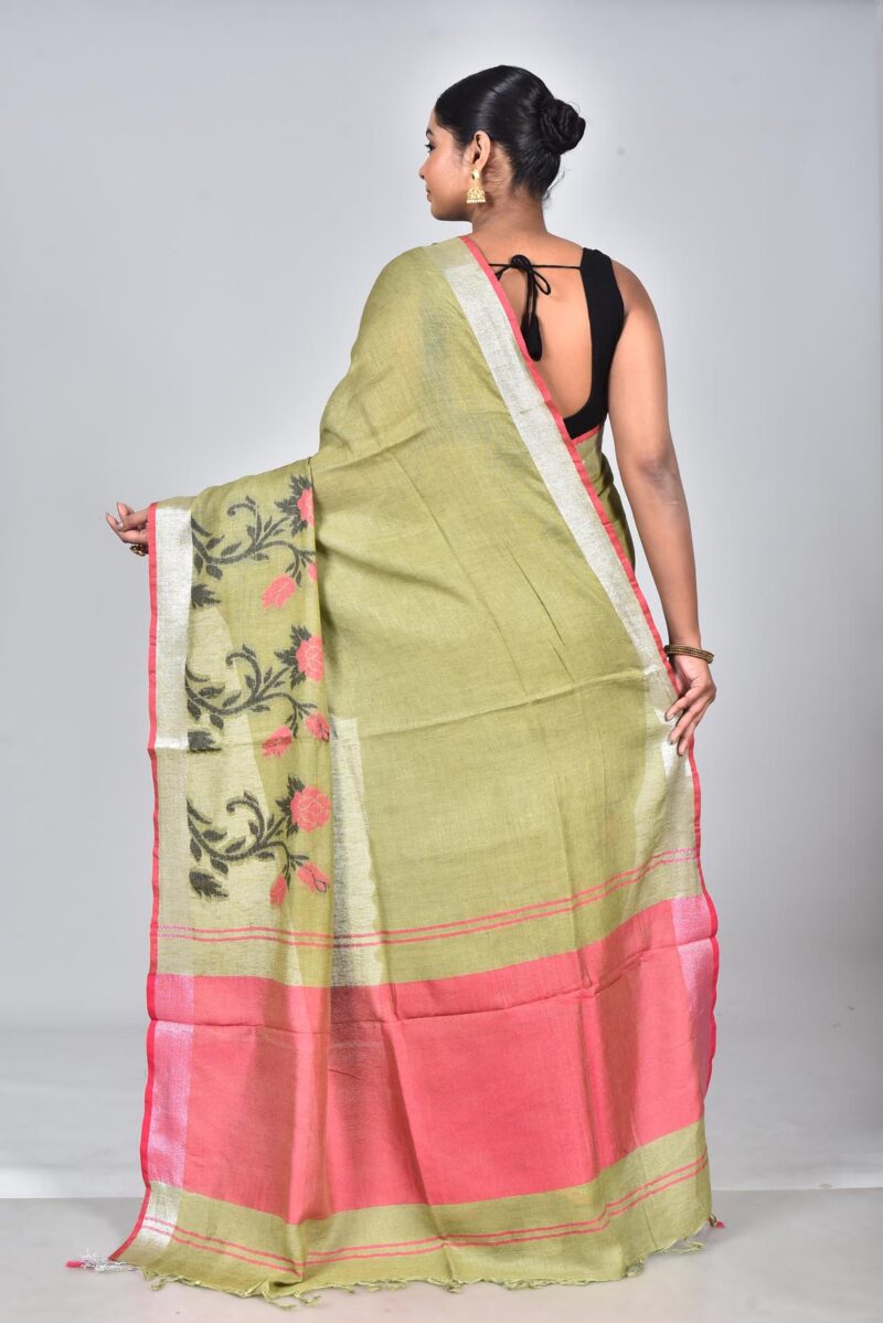 Linen Saree with Jacquard Weave (Olive Green)