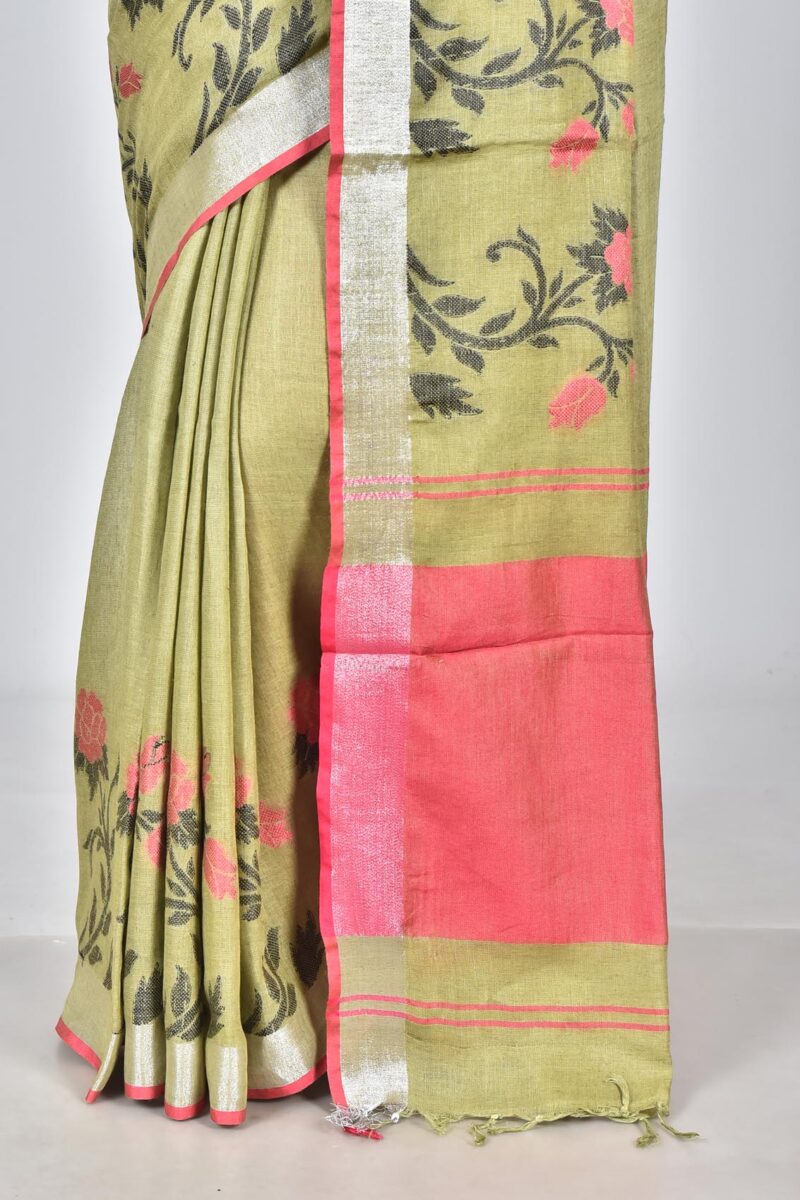 Linen Saree with Jacquard Weave (Olive Green)