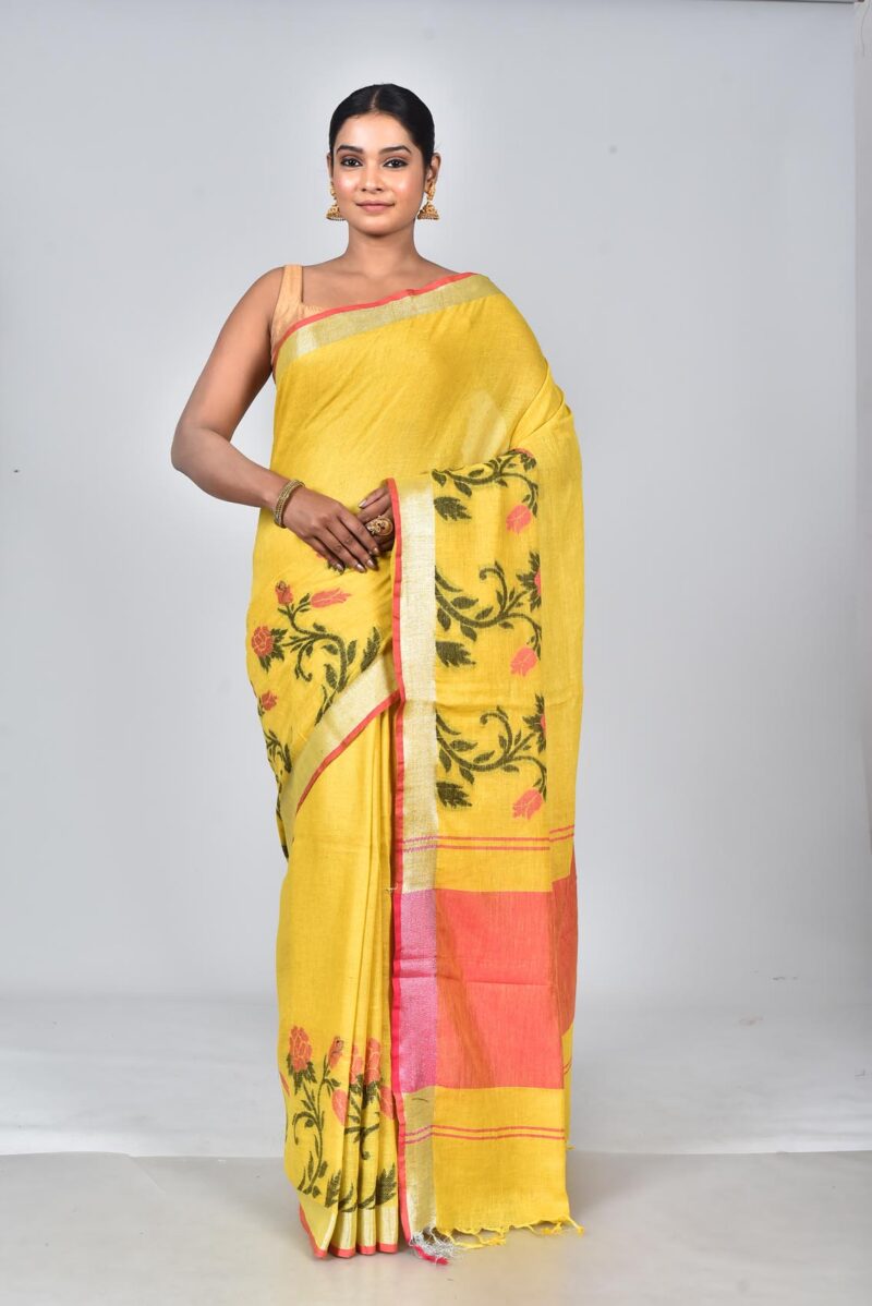 Linen Saree with Jacquard Weave (Yellow)