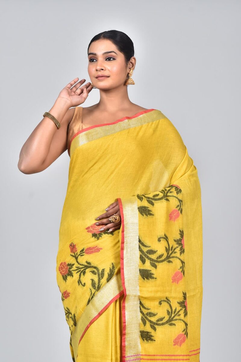 Linen Saree with Jacquard Weave (Yellow)