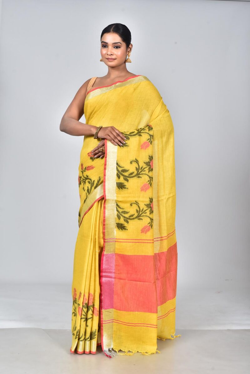 Linen Saree with Jacquard Weave (Yellow)