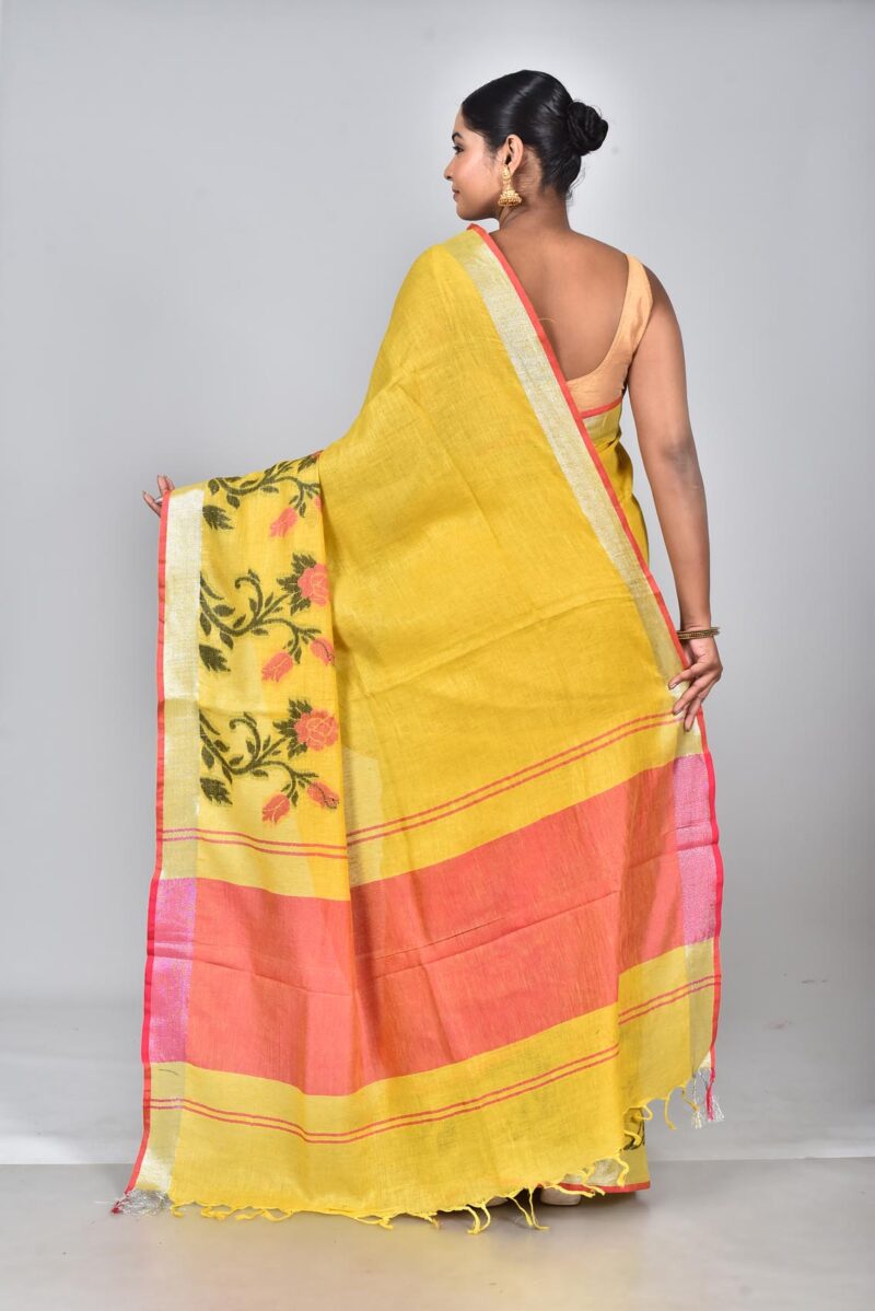 Linen Saree with Jacquard Weave (Yellow)