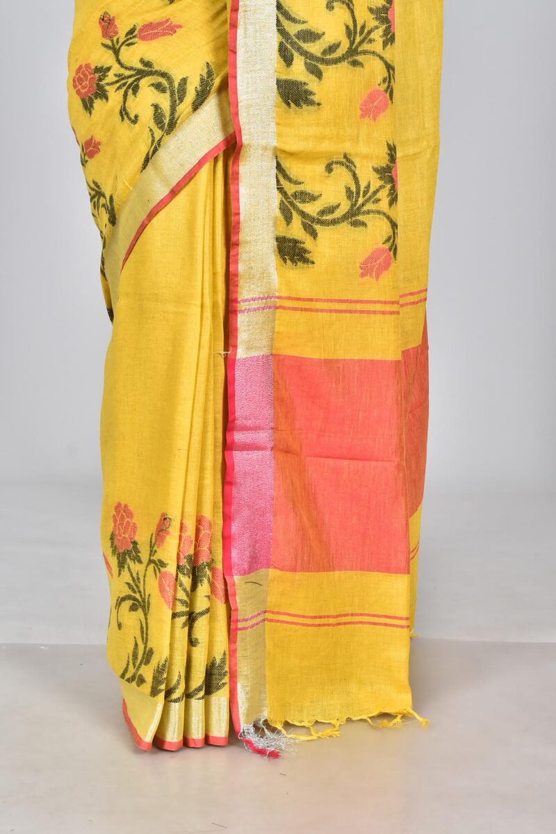 Linen Saree with Jacquard Weave (Yellow)