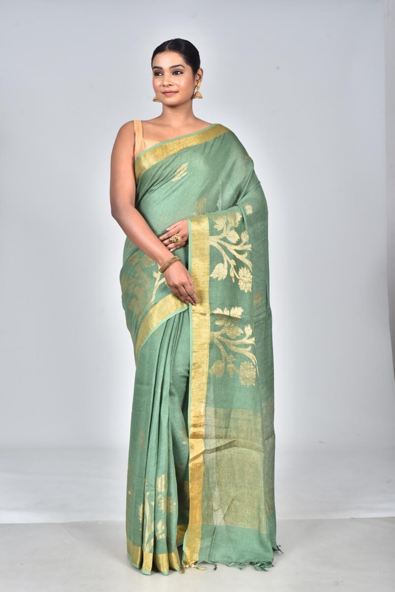 Linen Saree with Jacquard Weave (Green)