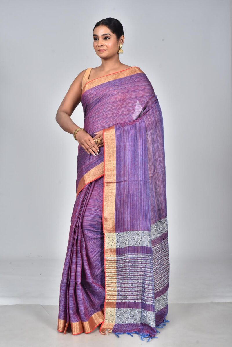 Linen Yarn Dyed Woven Saree (Purple)