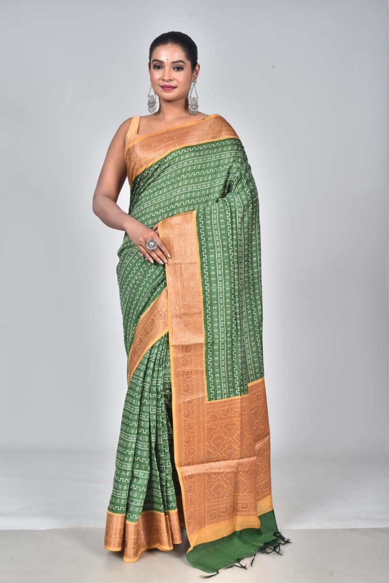 Silk Moonga Woven Saree with Jacquard Border Palla and Print (Green)