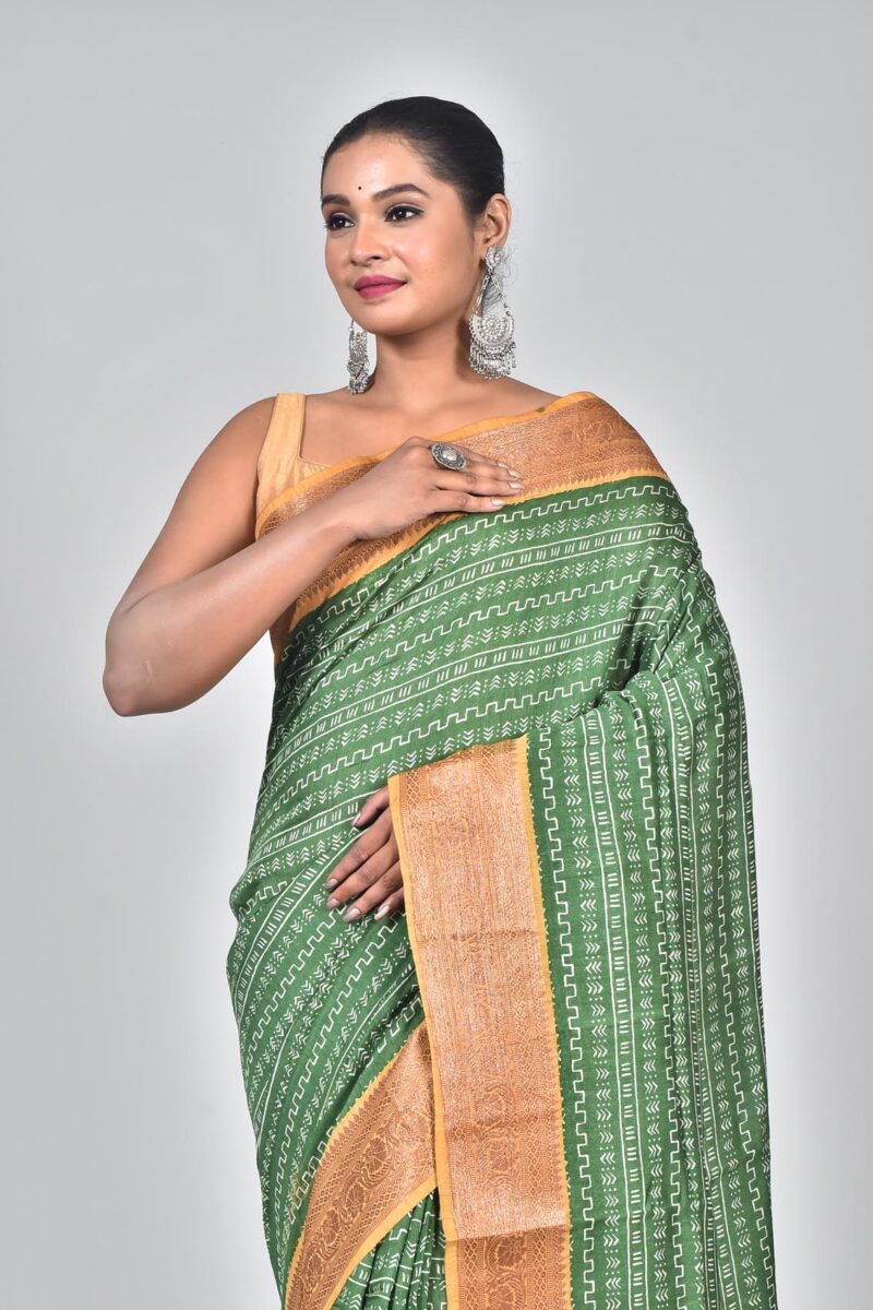 Silk Moonga Woven Saree with Jacquard Border Palla and Print (Green)